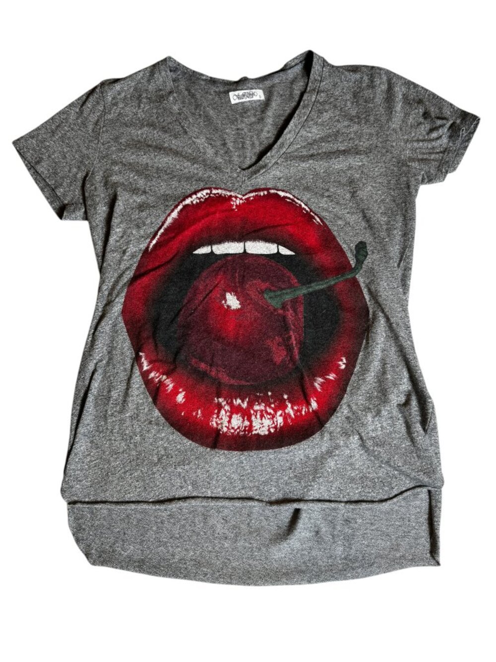 Lauren Moshi Beverly Hills Limited Edition Lips Cherry Graphic V-Neck T-Shirt L